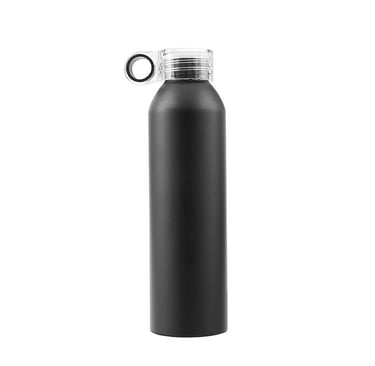 Reusable matte black stainless steel water bottle with a clear screw cap and carrying loop.