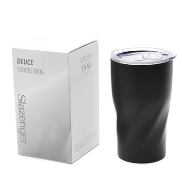 Black Slazenger Deuce travel mug with a spiral design and clear lid next to its white gift box.