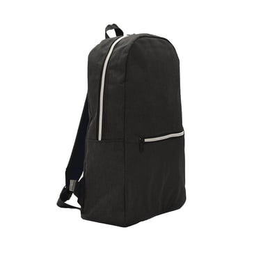 Durable black canvas backpack with silver zippers and a front pocket, ideal for school or travel.