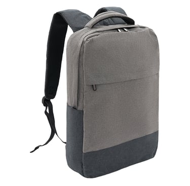 Gray and black slim laptop backpack with padded shoulder straps for school, travel, or business.