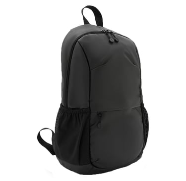 Sleek black minimalist laptop backpack with mesh side pockets and adjustable shoulder straps.
