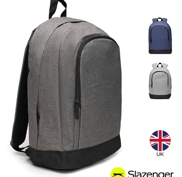 Durable Slazenger laptop backpack in grey, blue, and light grey with a zip front pocket.