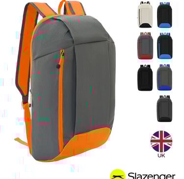 Slazenger grey and orange laptop backpack with multiple color options and UK flag logo.