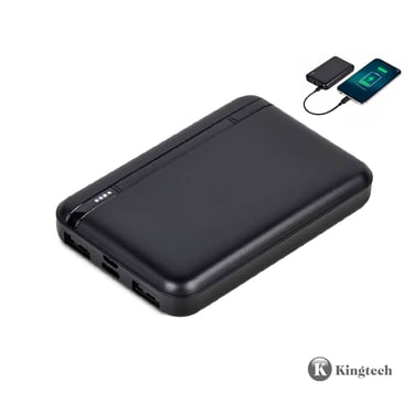 Portable black power bank with LED indicator and dual USB ports for charging a smartphone.