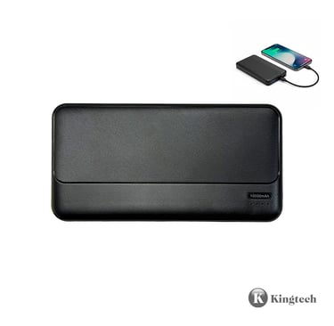 Black 10000mAh portable power bank for charging a smartphone via USB cable.