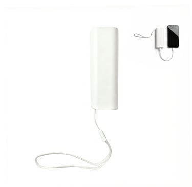 Portable white power bank with carrying strap charging a smartphone with a USB cable.