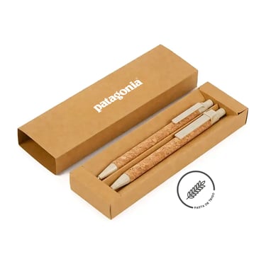 Patagonia branded eco-friendly cork pens in a recycled cardboard gift box.