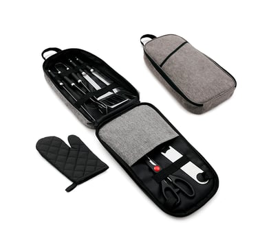 Stainless steel BBQ grilling tool set in a gray carrying case with a black oven mitt.