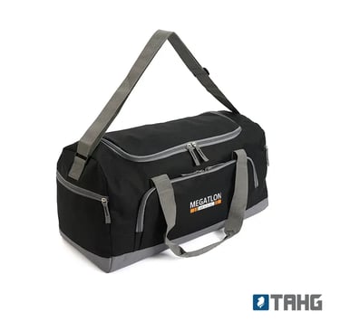 Black and grey Megatlon sports duffel bag with shoulder strap and zippered pockets.