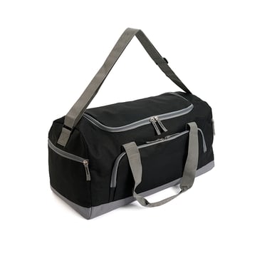 Black and grey duffel bag with shoulder strap and multiple zippered pockets for gym or travel.