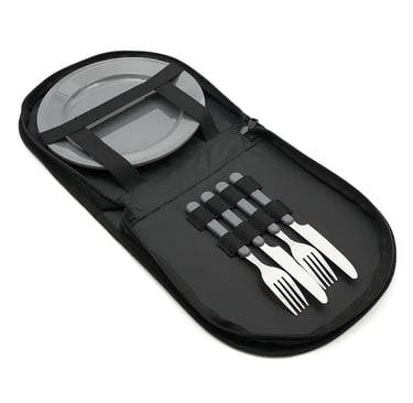 Portable camping cutlery set and plate stored in a black zippered travel case.