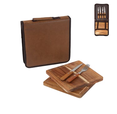 Portable wooden steak board set with cutlery and a brown faux leather storage case for travel.