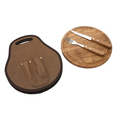 Portable steak set with wooden cutting board, steak knife, and fork in a brown carrying case.