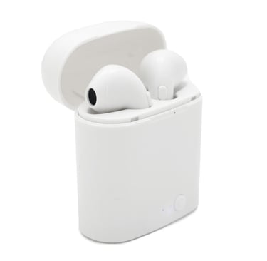Pair of white wireless Bluetooth earbuds in a matching open charging case against a white background.