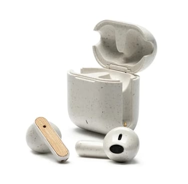 Eco-friendly speckled white wireless earbuds with wood accents and a matching charging case.