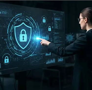 a woman in a suit and glasses is holding a tablet computer and touching a pad