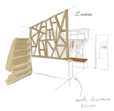 Croquis, atelier, entrée, agencement, claustra, bois, patères