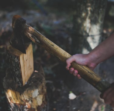A mountain man chopping firewood in a manly fashion.