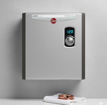 a small electric tankless water heater with a clock on it
