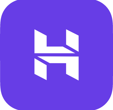 a purple square logo with the letter h on it