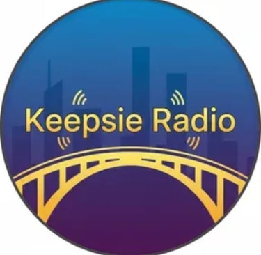 Keepsie Radio logo featuring a yellow bridge and city skyline on a blue circular background.