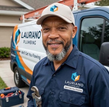 Professional Lauriano Plumbing technician holding a wrench standing by a service van with tools.