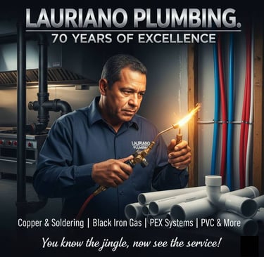 Professional plumber at Lauriano Plumbing soldering copper pipes near black iron and PVC systems.
