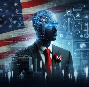 A humanoid and american flag overlayed on a city scape