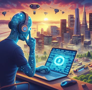 circuit laden humanoid writing code on a laptop above a futuristic San Francisco skyline