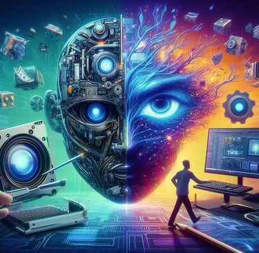 AI robot split between working at a computer with humans and working on a camera
