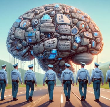 AI brain and service people walking down the road between trees and mountains