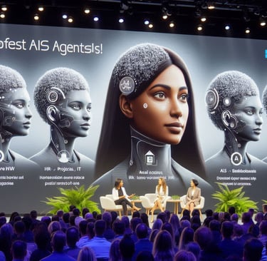AI braings on a screen with people at a conference talking on stage and watching