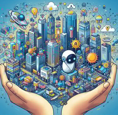 hands holding a city full of futuristic technology