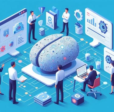 AI workers gathered around an AI brain