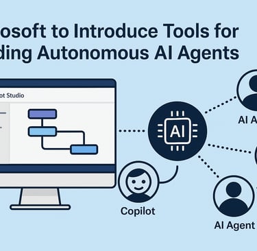 computer screen icons interacting with it and text that says "Microsoft to Introduce Tools for Building Autonomous AI Agents"