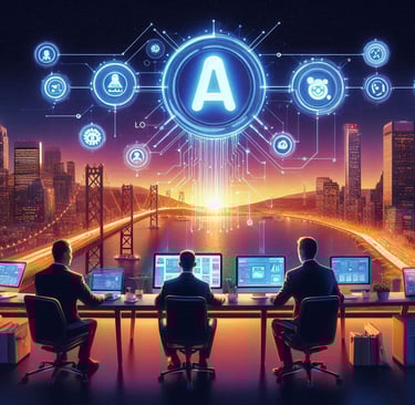 users at a table with computers looking out over an AI city skyline and river