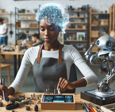 a woman with an AI brain in a shop working on robots and electronics