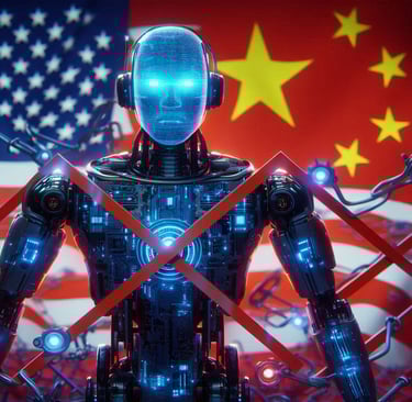 an image of an AI robot being blocked by government over security with china vs the united states