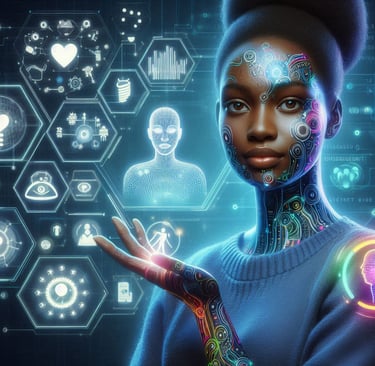A woman as AI transforming jobs in data, cybersecurity, healthcare, and creative fields helping humans thrive and improve