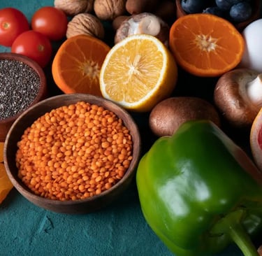 Alimentos saudáveis lentilha, chia, pimentão, frutas cítricas e vegetais que aceleram o metabolismo