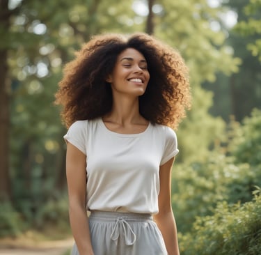 Uma mulher relaxando com chá na natureza