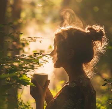 Uma mulher relaxando com chá na natureza