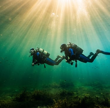 Taucher im Wasser die einen. S.U.B. Tauchkurs absolviern