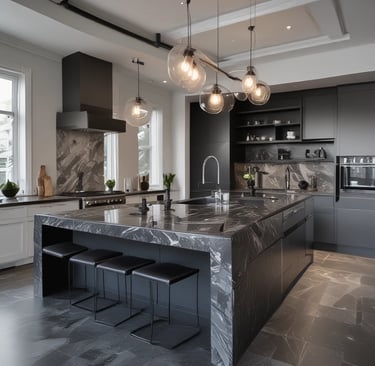 a contemporary kitchen with a Italian marbled counter top