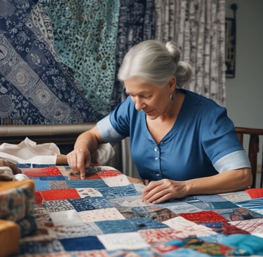 femme cousant un patchwork à la main avec des tissus récupéré 