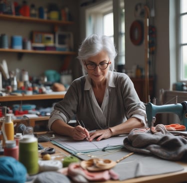 Femme assise devant une table travaillant sur une création dans un atelier 