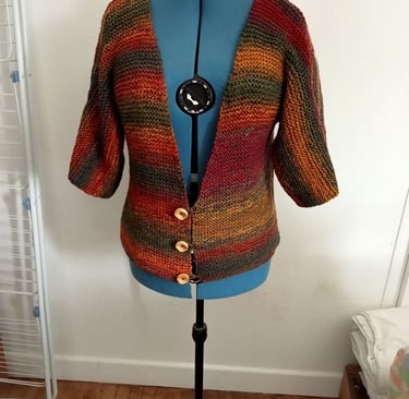 Vest original tricoté dans un fil multicolore se ferme par 3 boutons et les manches trois quart