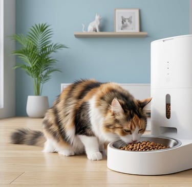 A calico cat eating dry food from an automatic pet feeder in a modern living room.
