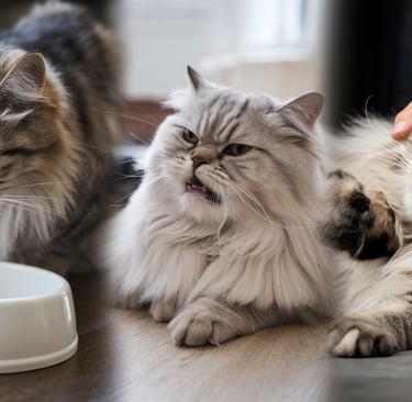 a cat is sitting on the floor next to a cat. meowing