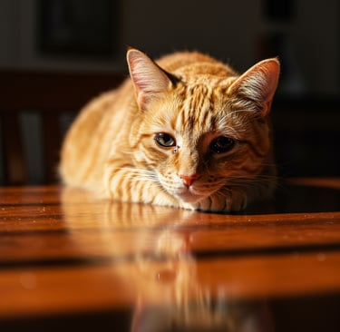 a cat laying on a table with watery eyes